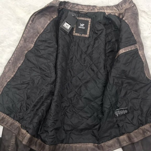 XRAY Slim-Fit Faux-Leather Brown Moto Jacket- XL - Picture 9 of 10